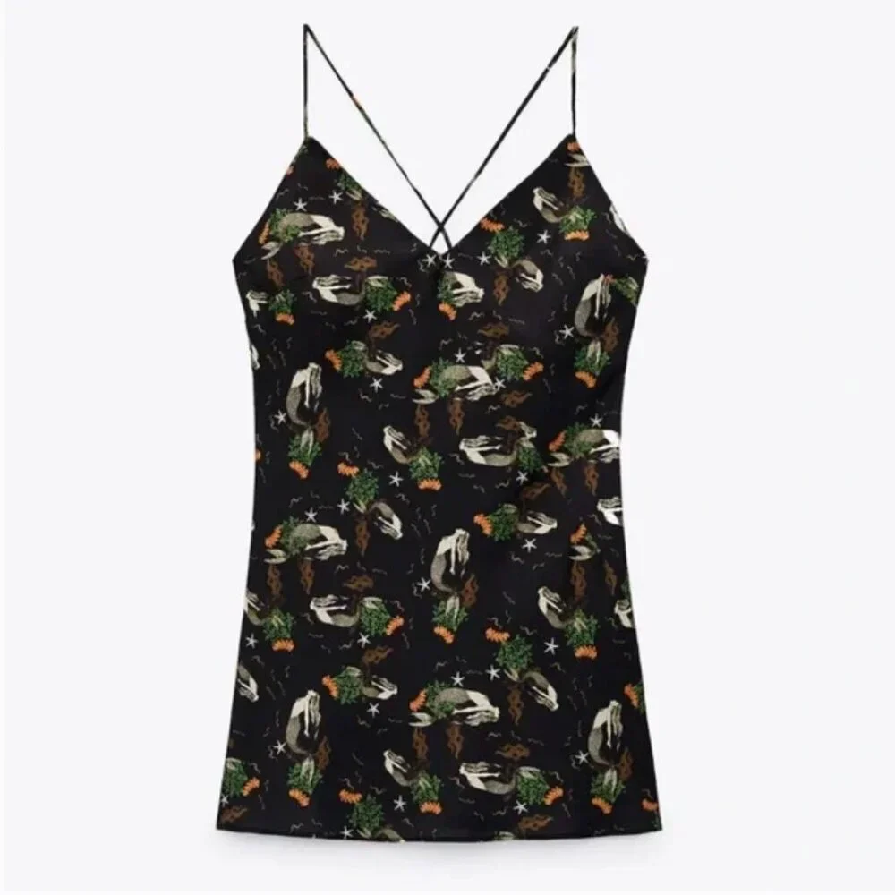 ZARA Mermaid Black Satin Tie Back Mini Slip Dress Size Medium - Picture 4 of 13